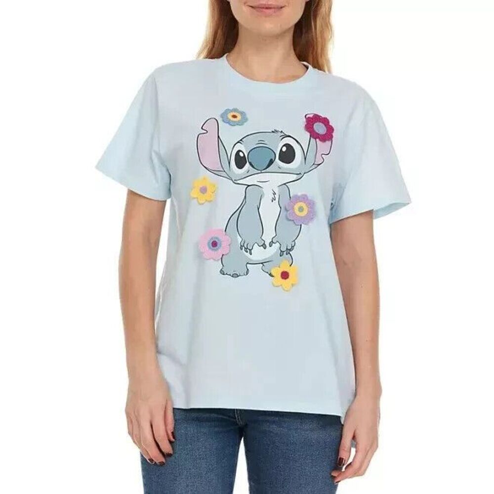 DISNEY STITCH Blue Character Tee w/ Crochet Flowers‎ Women's XXL/2X New